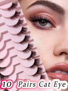 10 Pairs Cat Eye False Eyelashes, Natural Transparent Stem, 3D Faux Mink Lashes, Soft & Natural Look - Black - View 2