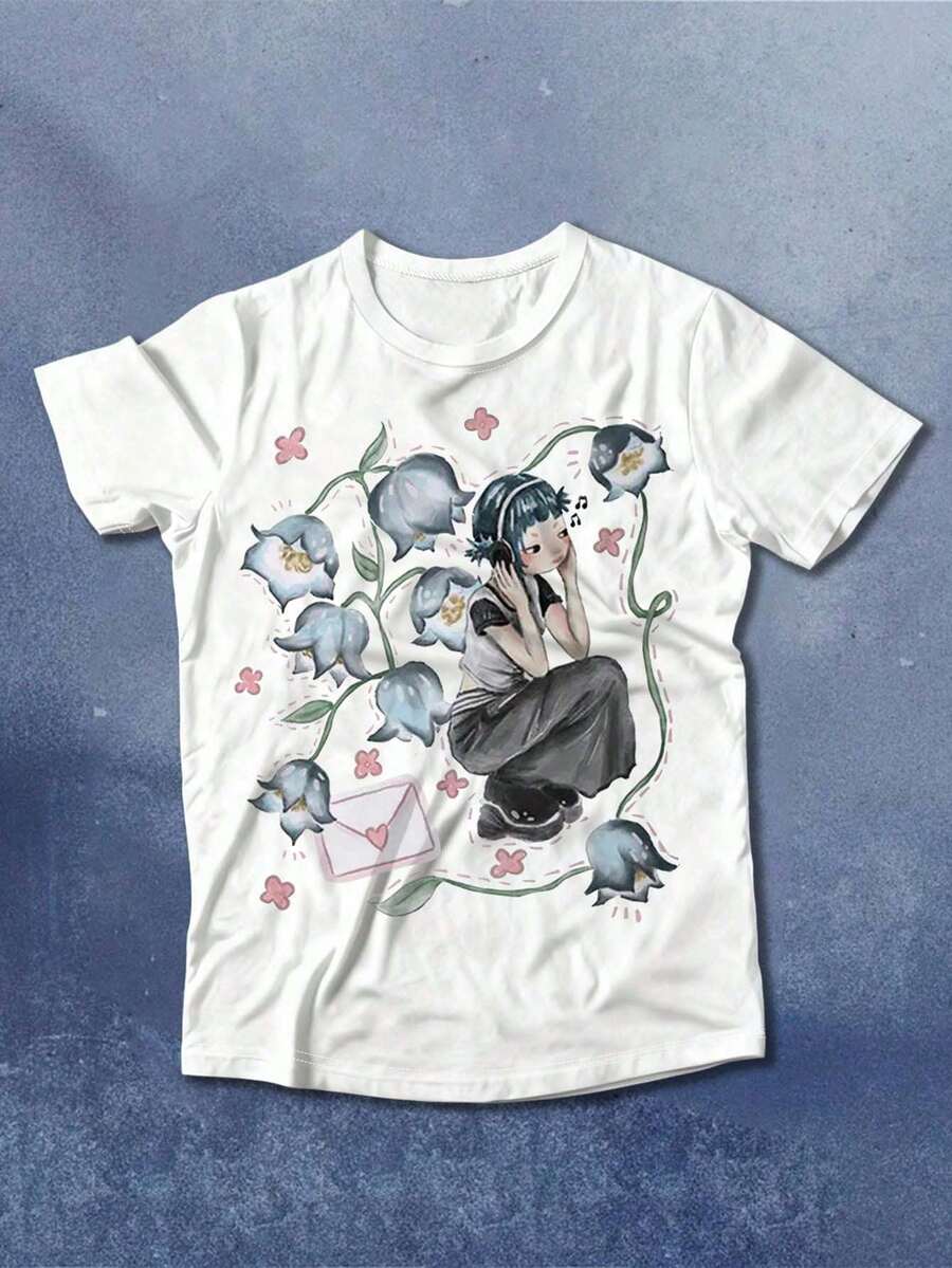 休闲卡通人物与花卉印花T恤，夏季 - 白色 - 查看 1