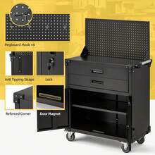 YODOLLA 132cm Heavy Duty Garage Workbench With Pegboard & Drawers - Lockable Tool Storage On Wheels - Black - View 8