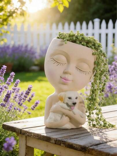 1pc Adorable Face Basin Flower Vase With Tray, Featuring Cute Girl And Dog Design, Ideal Gift For Loved Ones, Suitable For Any Occasion, No Power Needed, Indoor/Outdoor Use, Bedroom, Balcony, Study, Office - With Drainage Hole, Home Decor. Mother's Day Gift