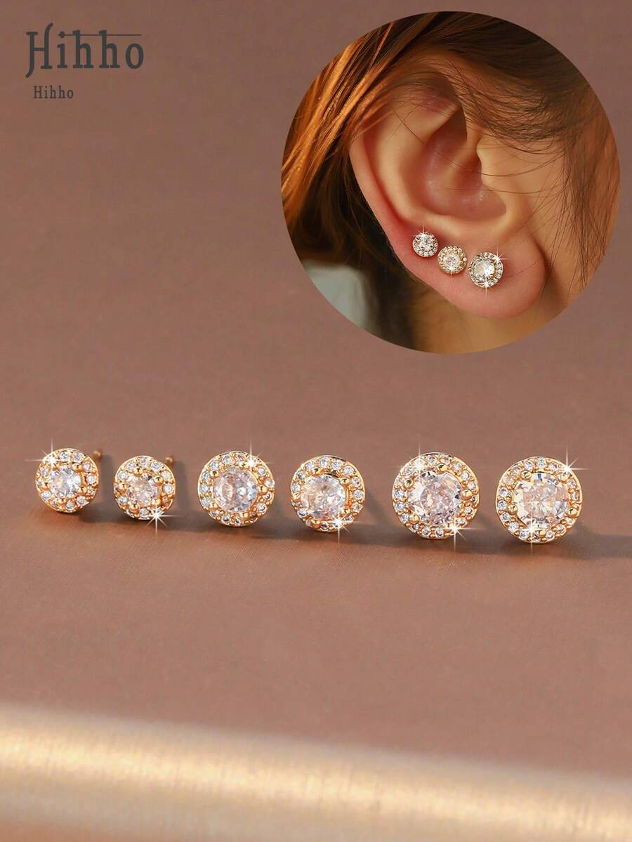 Hihho Bộ 6 chiếc bông tai đính đá Cubic Zirconia hình vuông lãng mạn, bông tai tròn cổ điển phù hợp cho nữ giới làm quà tặng trang sức cho đám cưới, lễ đính hôn, kỷ niệm, tiệc tùng. - Vàng - Xem 1