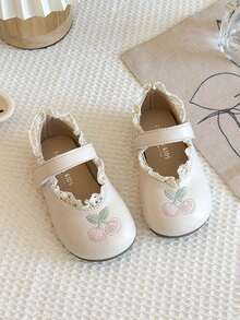 Zapatos tipo Mary Jane para niñas, zapatos de primavera/otoño con bordado de frutas y ribete de encaje, zapatos de princesa de suela blanda y antideslizante de cuero para niñas - Beis - Ver 4
