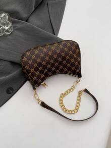 Minimalist Textured Chain Crossbody Bag, New Fashionable High-Quality Allover Print Small Shoulder Bag For Women - Coffee - View 6