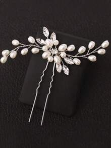 1pc Handmade Pearl & Rhinestone Hair Clip For Women - Silver - View 3