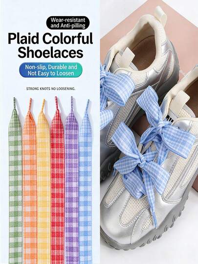 1 Pair 1 Inch Wide Plaid Patterned Flat Woven Shoelaces, 47 Inches Long, Suitable For Sneakers & Canvas Shoes