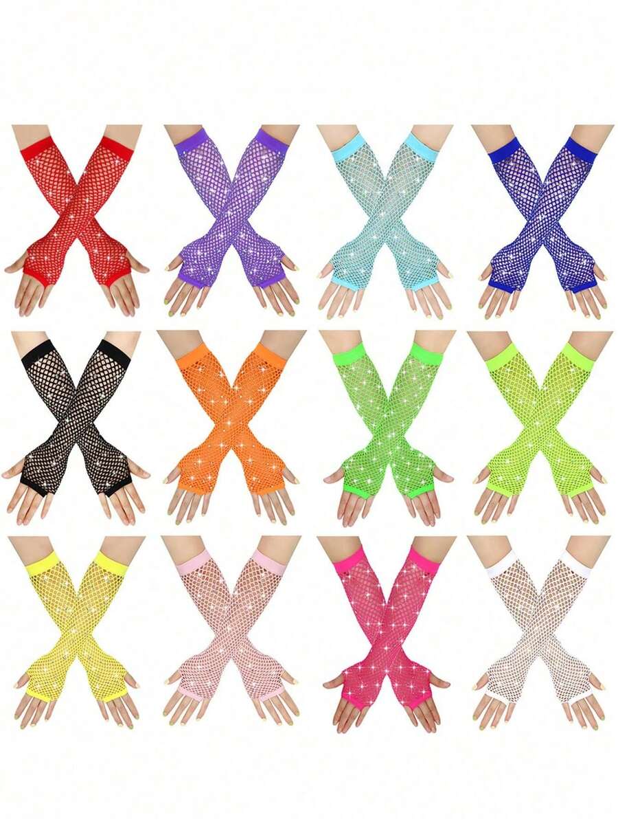 2pcs 1980s Neon Street Party Punk Rhinestone Fishnet Fingerless Gloves, Suitable For Halloween Party, Mother's Day Gift, Ball Dance Hollow Gloves, Party Fishnet Elastic Mesh Gloves, Fashion Neon Fishnet Long Fingerless Gloves