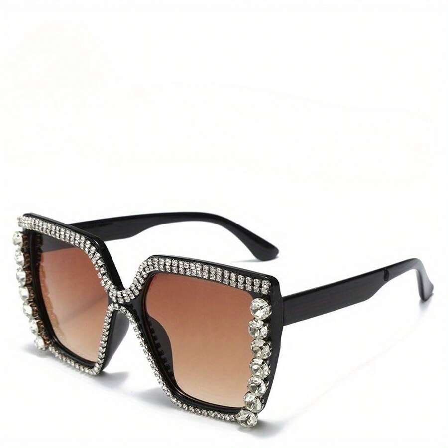 1 Pair Of Large Square Frame Diamond-Embellished Glasses For Women, Stylish And  Glasses, Suitable For Ladies' Fashion Looks In Summer - 粉色 - 查看 1