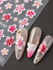 2片粉色果冻绽放花朵美甲贴纸，5D立体渐变芙蓉花迷你花瓣金色珠子法式美甲春夏婚礼美甲DIY装饰 - 彩色 - 查看 7