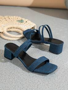 Giày sandal cao gót màu đen dành cho nữ, kiểu dáng thanh lịch mùa hè, chất liệu giả da lộn, hở mũi, gót chunky, quai ngang mắt cá chân. - Màu xanh hải quân - Xem 2