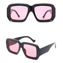 1 Pair Chunky Black Square Sunglasses With Pink Tinted Lenses – Bold Retro Frame With Red Accent Trim, Perfect For Y2K Style, Festival Fashion & Sweet Street Looks - A - 查看 5