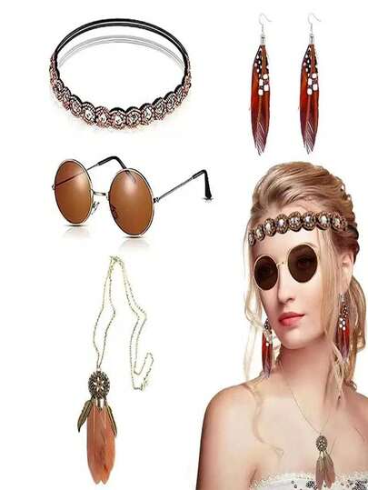 4-Piece Retro 60s Hippie Handmade Beaded Headpiece + Brown Glasses + Tassel Feather Earrings + Feather Necklace, 4-Piece Festival Party Costume, Bohemian Women's Role-Play Costume Accessories Masquerade Dress Set Small Gift. Halloween
