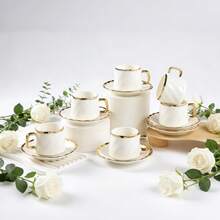 Set Of 6 Elegant White Porcelain Coffee Cups & Saucers, Gilded Ribes, 100ml (3.38 OZ) Espresso Cappuccino Set, Dishwasher Friendly - Perfect For Home Café & Gift Giving - 金色 - 查看 8