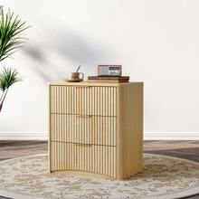 Classic Bedside Table With 3 Spacious Drawers – Unique Grooved Design, High-Quality Metal Handles & Quiet Runners – Sturdy Base – Oak - Khaki - View 2