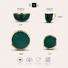 Florian Modern Porcelain 16 Piece Dinnerware Set Plates and Bowls Set Dish set for 4 Green and Golden Rim - Verde con borde dorado - Ver 4