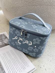 Customized Embroidery Name Floral Pattern Makeup Bag With Handle, Large Capacity Travel Organizer Storage Bag, Durable Cosmetics Toiletries Carrier - Multicolor - View 9