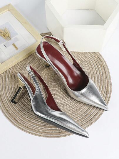 Giày cao gót bạc dành cho nữ, giày dự tiệc cưới, gót nhọn cao 7cm, thiết kế quai hậu có khóa và dây đeo mắt cá chân, mũi nhọn.