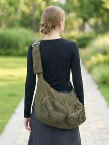 Ladies' Fashionable Multi Pocket Zipper Crossbody Bag, Casual Minimalist Quilted Shoulder Bag, Large Capacity Solid Color Handbag - Green - View 2