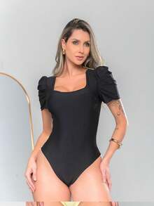 Kit 2 Body Feminino Decote Quadrado Manga Princesa Tecido Suplex Moda Verao Estilo - preto branco - Visão 7