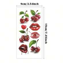 Pegatinas de tatuaje temporal a prueba de agua de labios de color rojo cereza, estampado de lazo rosa, patrón de llama roja vívida, accesorios de fiesta de frutas, tatuajes de arte corporal para el brazo para mujeres y hombres, aplicables al cuello, muñeca, cara, hombro, abdomen, pierna - Rojo - Ver 5