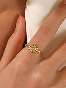 1pc 18K Gold Plated Stainless Steel Minimalist Sun-Shaped Open Ring, Suitable For Women's Daily Wear - Gold - View 7