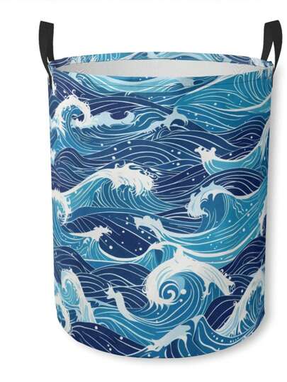 1PC Laundry Basket Abstract Ocean Waves Design Collapsible Hamper With Sturdy Handles Clothes Storage Bin For Bedroom Bathroom Living Room Dorm Organization Household Fabric Container Waterproof Breathable Foldable Space Saving