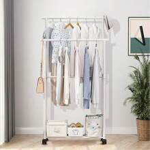 1pc Movable Clothes Rack, Laundry Room Drying Rack, Multi-Function Garment Organizer With Side Hooks, Space-Saving Bedroom Furniture, Apartment Rolling Hanging Rack. Foldable. 16 Hanging Rods Indoor Drying Rack - Black - View 5