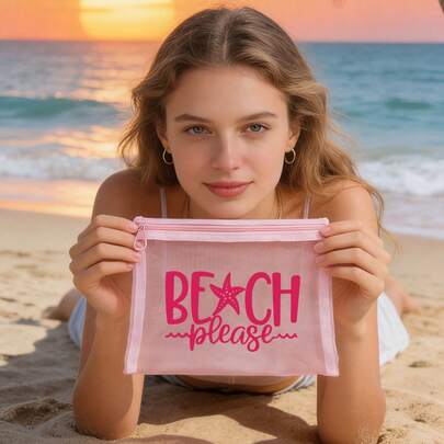 Large Capacity Beach Letter Pattern Cosmetic Bag, Beach Bag, Mesh Print Bag