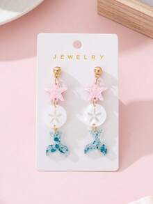 一对夏季海滩度假闪亮海星、贝壳、鱼尾设计时尚耳环，派对和节日的完美礼物 - 彩色 - 查看 2