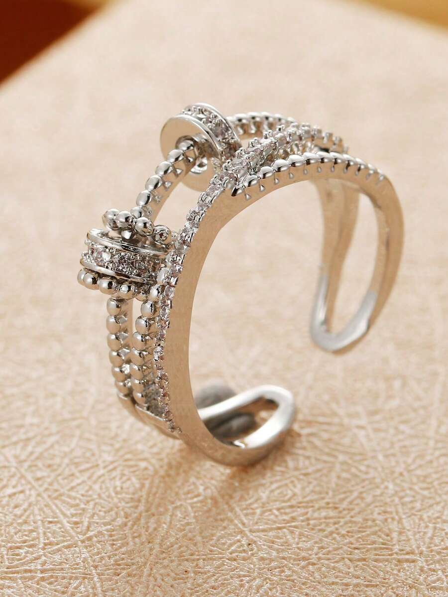 1pc Fashionable Stainless Steel Cubic Zirconia & Bead Decor Cuff Ring For Men Women For Daily Decoration - Silver - View 1