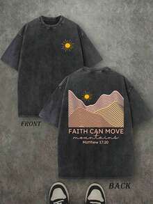 Faith Can Move Mountain Unisex Washed Christian Shirt, Christian Scripture T-Shirt, Vintage Retro Washed Shirt Double Sided Printed (230 Heavyweight Pure Cotton T-Shirt) High Quality Christian T-Shirt, Christian Gifts, Men's And Women's Shirts, Comfortable, Fashion Christian Shirt, Street Style Pure Cotton Fall Shirtwinter Clothes For Women - 黑色 - 查看 15