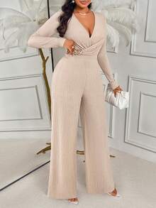AIJ Stylish Women's Deep V Neck Long Sleeve Jumpsuit With Ruched Knitted Fabric And Wide Leg Design For Elegant Evenings - Light Apricot - View 1