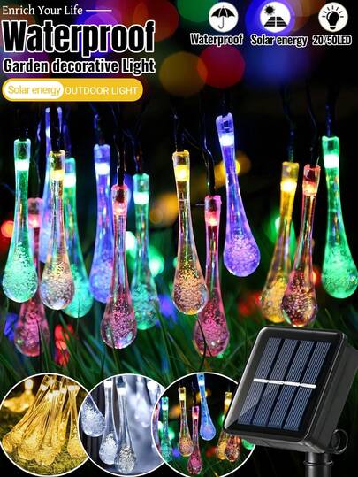 1串太阳能水滴花园灯串 - 8种照明模式，20/50颗LED灯珠，16.4/22.97英尺，防水太阳能童话灯，适用于户外花园、庭院、阳台、房屋、围栏、婚礼庆典派对装饰，水晶灯串，更适合帐篷、花盆、绿植、凉亭、聚会、复兴节、节日装饰、母亲节礼物（暖白/白/彩色）