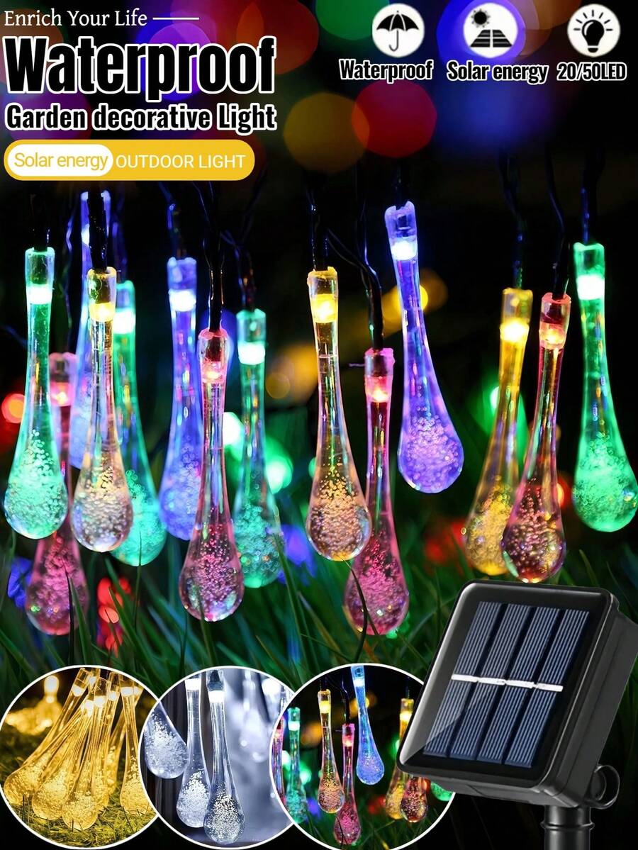 1 pieza Luz de cadena solar con gota de agua - 8 modos de iluminación, 20/50 LED, 5/7 m, luz de hadas solar impermeable para jardín, patio, balcón, casa, valla, decoración de fiesta de boda, luz de cadena de cristal, talla grande adecuada para carpas, macetas, plantas verdes, pabellones, reuniones, festivales de renacimiento, decoraciones navideñas, regalos del Día de la Madre (blanco cálido/blanco/color)