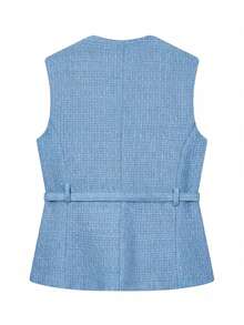 Débardeur élégant sans manches à simple boutonnage, décoré de poches, style mode décontracté pour l'été - Bleu gris - Voir 6