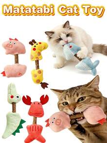 猫咪毛绒玩具逗猫棒，刺激咀嚼，帮助清洁牙齿，预防口腔问题，舒缓猫咪情绪，可爱的猪/鳄鱼/鲸鱼/长颈鹿/龙虾造型吸引猫咪注意力，适合独立玩耍、互动玩耍和咀嚼，宠物用品，猫玩具，猫咪陪伴玩具，猫咪磨牙玩具 - 彩色 - 查看 1