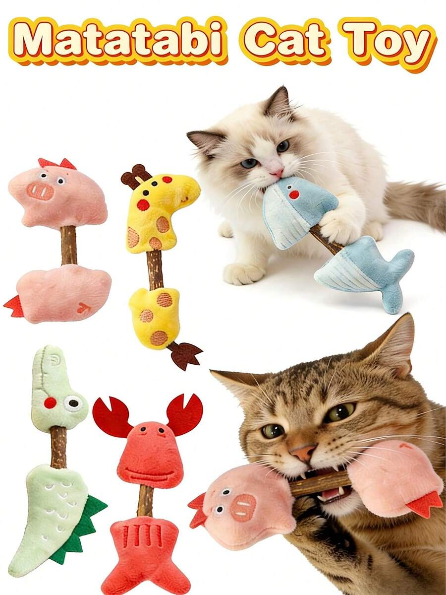 猫咪毛绒玩具逗猫棒，刺激咀嚼，帮助清洁牙齿，预防口腔问题，舒缓猫咪情绪，可爱的猪/鳄鱼/鲸鱼/长颈鹿/龙虾造型吸引猫咪注意力，适合独立玩耍、互动玩耍和咀嚼，宠物用品，猫玩具，猫咪陪伴玩具，猫咪磨牙玩具 - 彩色 - 查看 1