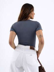 Women's Blouse In Spandex, Short Sleeve, Basic, Simple, Casual, Elegant - 灰色 - 查看 3