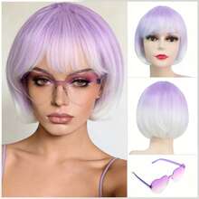 Cyberpunk Bob Wig & Glasses Set - 20+ Neon Colors With Adjustable Fringe | Multi-Tone Synthetic Hair For Cosplay, Rave, Halloween & Daily Bold Fashion (Hot Red/Lime Green/Orange/Light Pink/Plum Purple/Neon Blue/Neon Lilac/Golden Blonde/Black) - 紫丁香色 - 查看 4