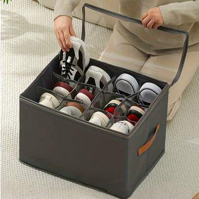 Caja de zapatos plegable de tela, con capacidad para 12 o 16 pares de zapatos, caja de zapatos de tela de gran capacidad con tapa, divisor ajustable, caja de almacenamiento de zapatos a prueba de polvo y humedad, lavable y de uso múltiple, adecuada para el hogar, la escuela y el dormitorio