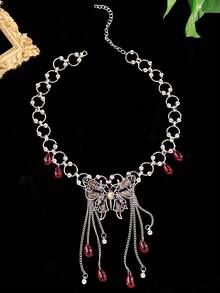 1件哥特朋克复古独特个性化蝴蝶结流苏红色水滴项链，女士节日礼物首饰，时尚配饰 - 彩色 - 查看 5