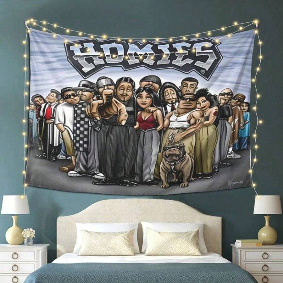 Tapestry HOMIES" Tapestry - Vibrant Street Art Wall Hanging With Diverse Characters  Ideal For Bedroom  Living Room  Office  Or  Party Decor  Polyester Fabric  Indoor/Outdoor Use  Party Wall Decor |   Urban Art Decor |   Durable Wall Fabric  Wall Decor - Main Image Style - View 1