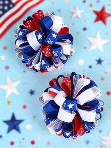 2pcs 4th Of July Independence Day & Memorial Day Satin Ribbon Hair Clips, Red White Blue Star Spangled Flag Pattern Hair Clips, Fashionable American Flag Hair Clips, Suitable For Girls Teens Fourth Of July Holiday Party Gift - Multicolor - View 1