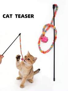 1支糖果色长棍羽毛逗猫棒，互动猫玩具，可爱猫逗猫棒，宠物玩具 - 查看 1