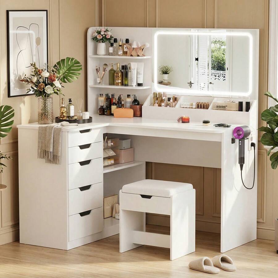 Devoko Corner Dressing Table L-Shape With Mirror, LED Lighting 3 Brightness Levels, Stool, 5 Drawers, Socket And Hairdryer Holder, White/Black - White - View 1