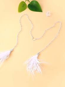 1pc Metal Chain Face Jewelry With White Feather Tassel, Party Accessory - Silver - View 7