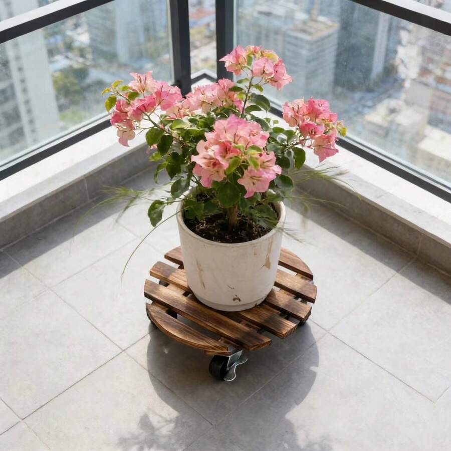 Xe đẩy chậu cây bằng gỗ có bánh xe xoay khóa được, giá đỡ cây di động chịu tải nặng dành cho chậu cây lớn, máy tạo ẩm và xô chậu, tải trọng 80-100 kg. - tròn - Xem 1