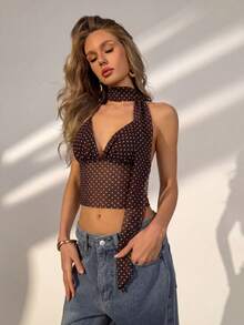 女士棕色波点吊带背心，配系带围巾，时尚春夏装扮，适合外出、约会、海滩度假、休闲旅行 - 咖啡棕 - 查看 3