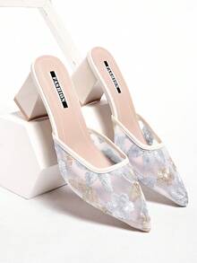 Dép bít mũi cao gót màu trắng kiểu Trung Quốc mới, mũi nhọn, thêu ren, có thể tháo rời, dành cho nữ. - Màu xanh lam - Xem 6