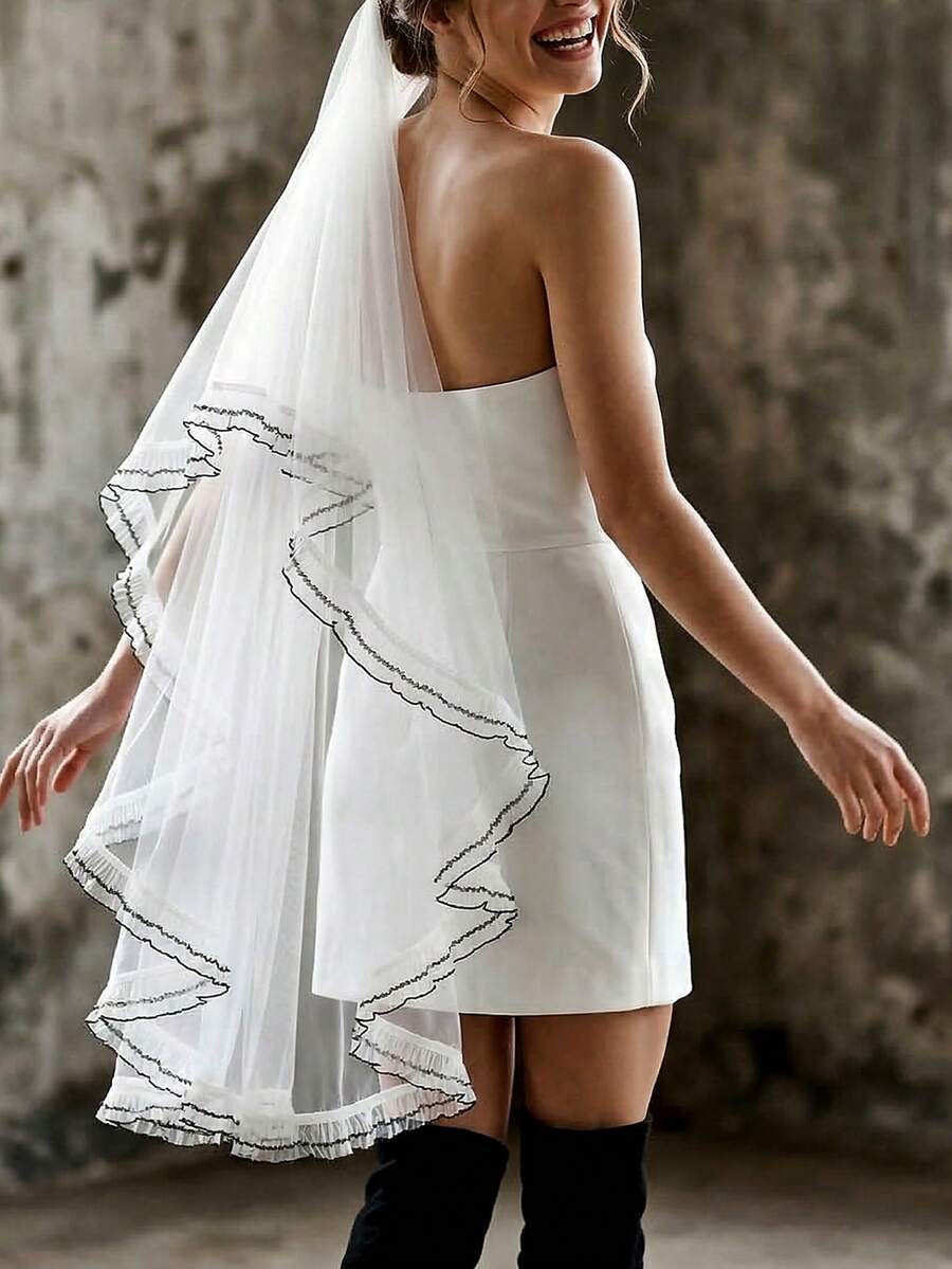 1pc Unique Double-Layer Ruffle Trim Veil, White Mid-Length Bridal Wedding Hair Accessory