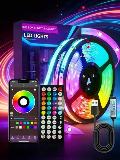 智能LED灯带，1-20米，配备无线红外遥控器，可通过App和遥控器实现颜色变换和音乐同步，USB供电，是电视背景、卧室氛围和派对装饰的理想之选，也是万圣节、圣诞节和生日礼物的完美选择。USB供电的LED灯带，音乐同步，多色可选，自带背胶，多种尺寸可选，适用于电视、电脑背光和节日室内装饰。